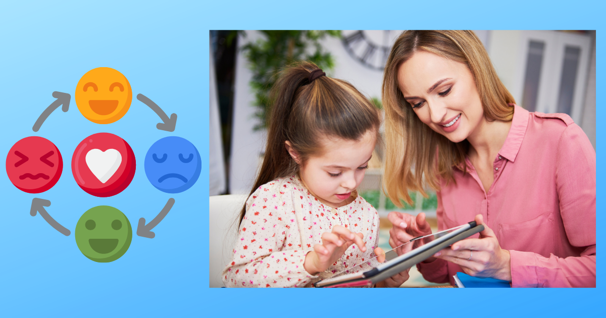 mother helping child with device